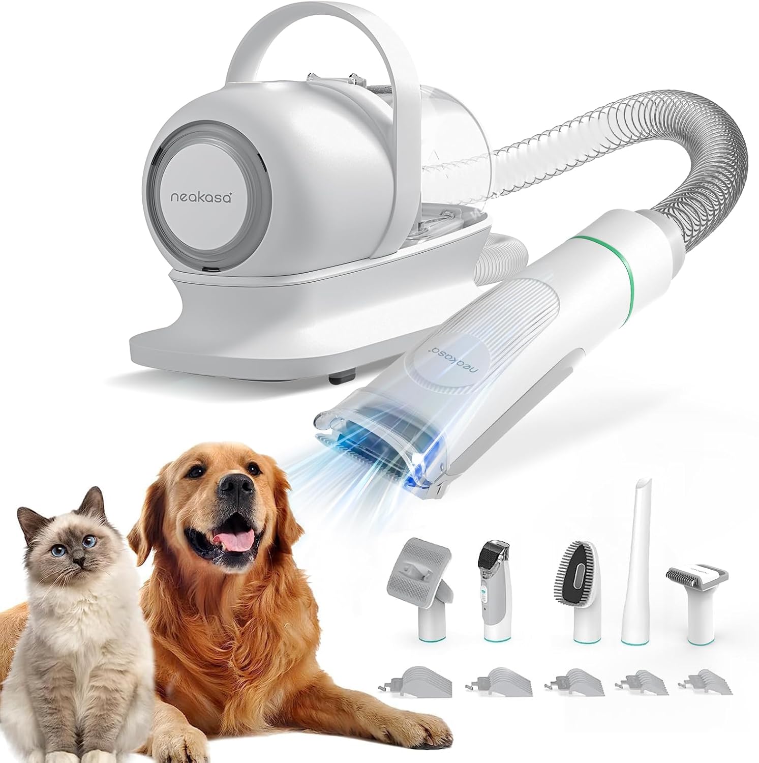 A professional-grade pet grooming vacuum with various attachments