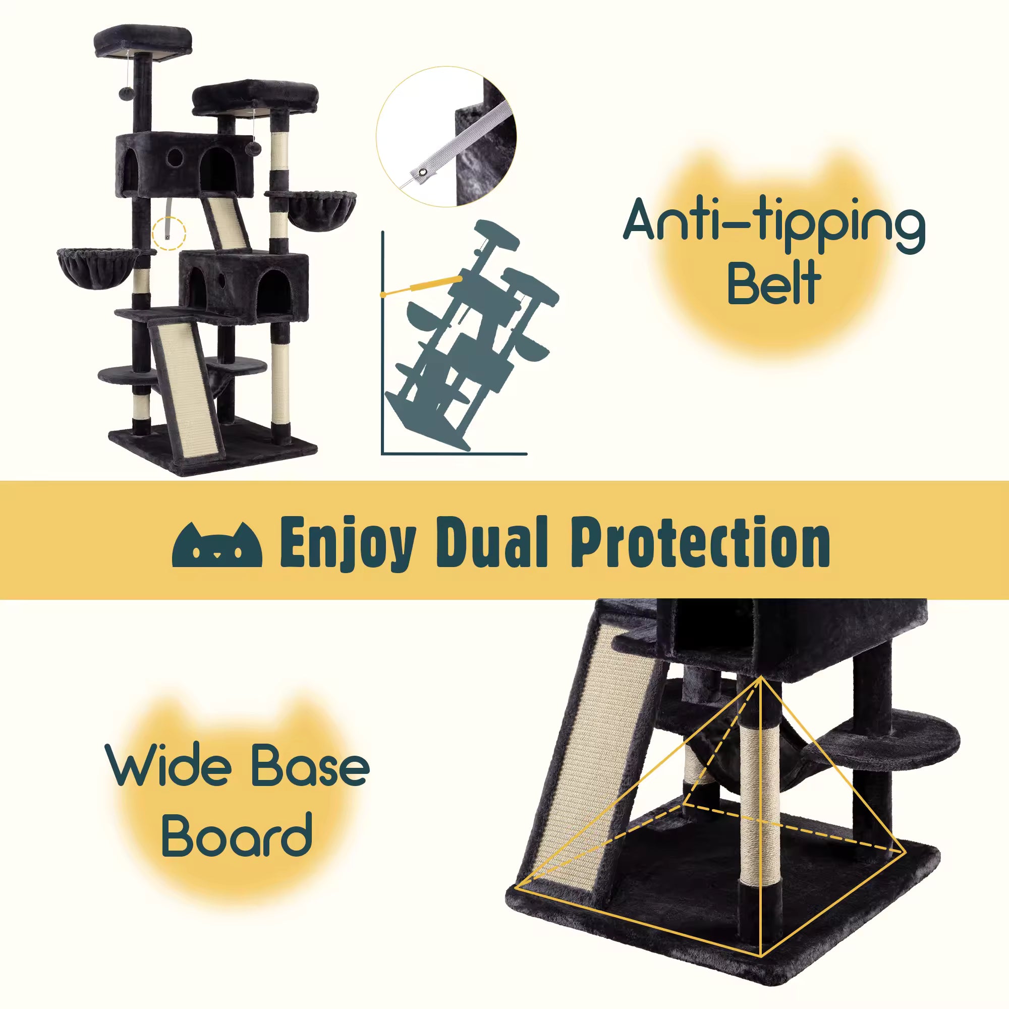 HOOMIC 65 in Multi-Level Large Cat Tree Tower, Sturdy Cat Condo with Cozy Plush Perches, Baskets & Sisal Scratching Posts for Indoor Cats and Kittens