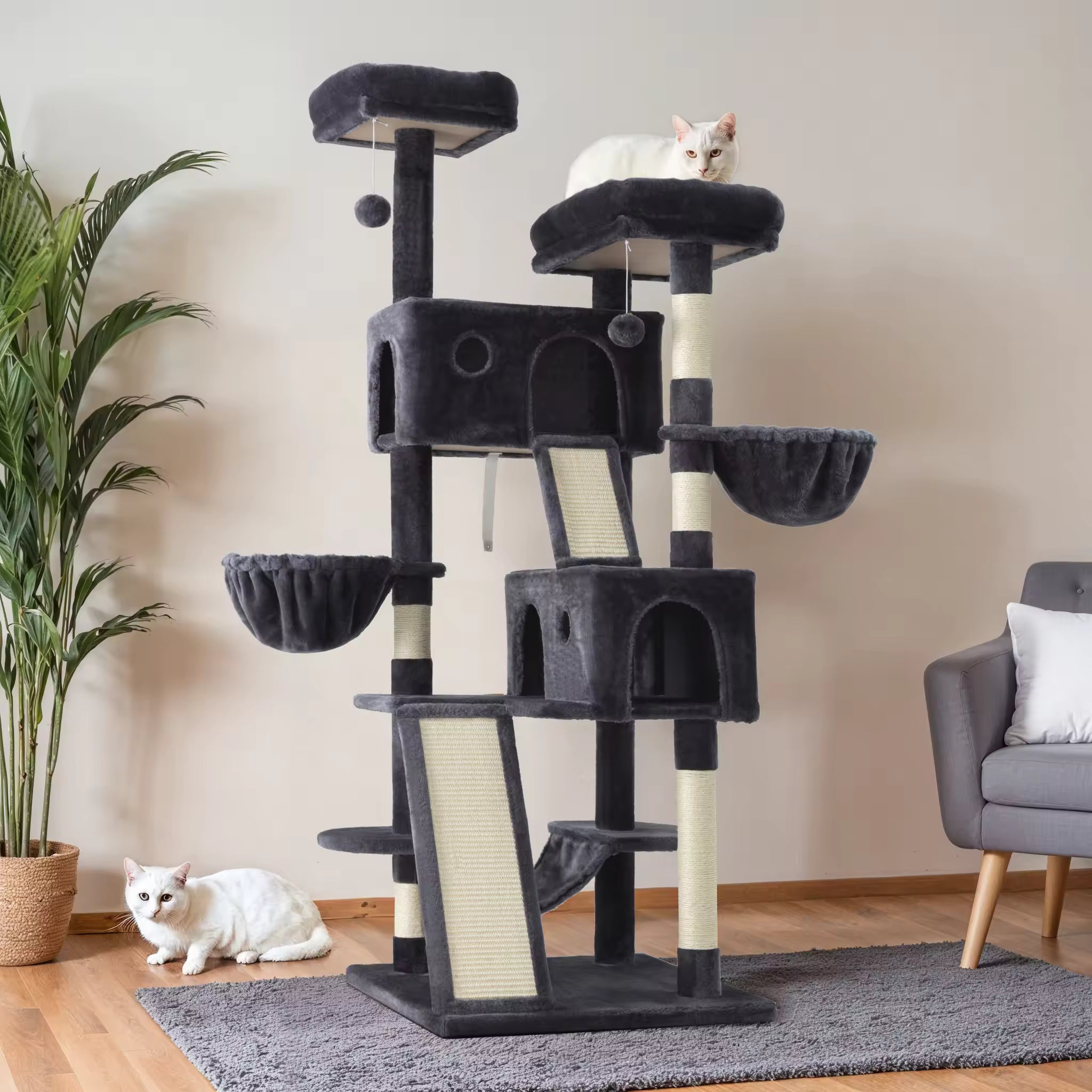 HOOMIC 65 in Multi-Level Large Cat Tree Tower, Sturdy Cat Condo with Cozy Plush Perches, Baskets & Sisal Scratching Posts for Indoor Cats and Kittens
