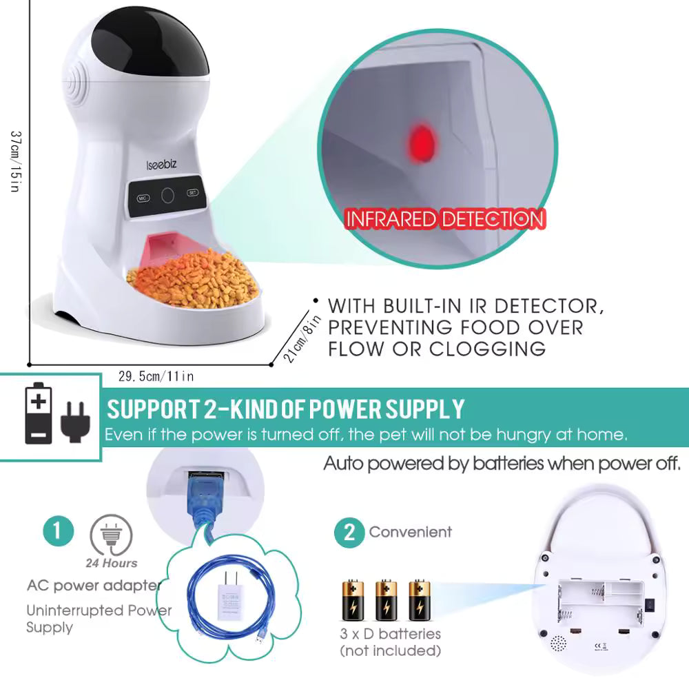 Iseebiz 3L Automatic Pet Feeder with LCD Control Panel, Voice Recording & 4-Times Daily Meal Food Dispenser for Small and Medium Pets Bowl