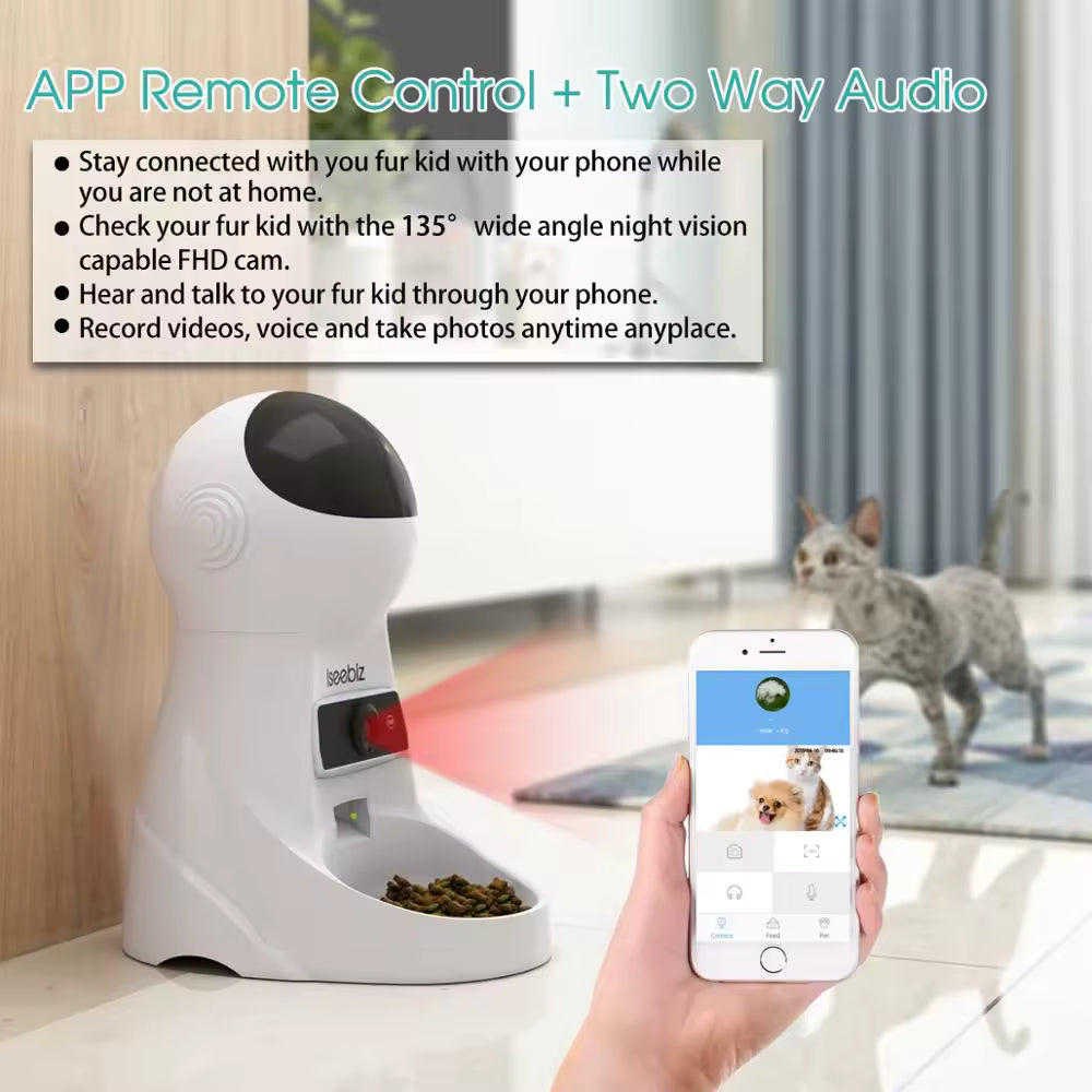 Iseebiz 3L Automatic Pet Feeder with LCD Control Panel, Voice Recording & 4-Times Daily Meal Food Dispenser for Small and Medium Pets Bowl