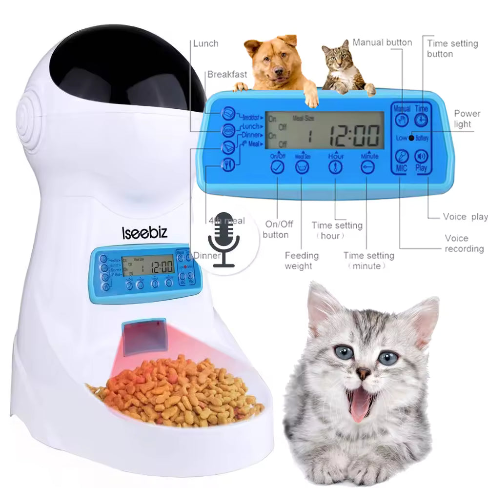 Iseebiz 3L Automatic Pet Feeder with LCD Control Panel, Voice Recording & 4-Times Daily Meal Food Dispenser for Small and Medium Pets Bowl