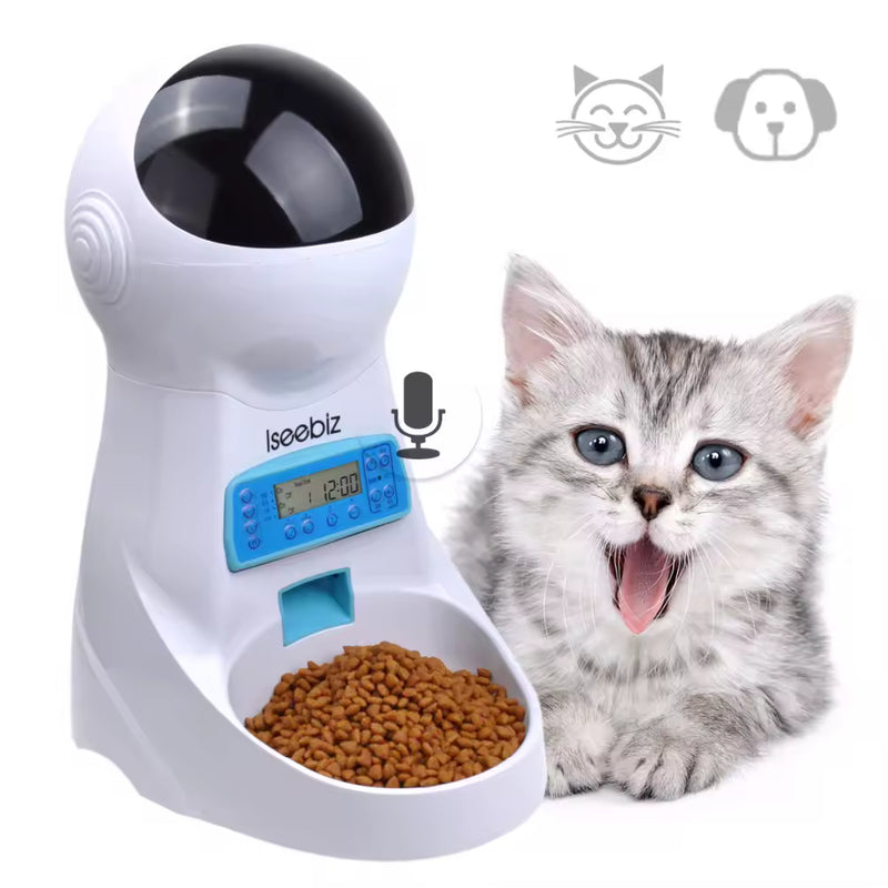 The Iseebiz 3L Automatic Pet Feeder with its LCD control panel, showing a clean white design and a transparent lid to see food levels.