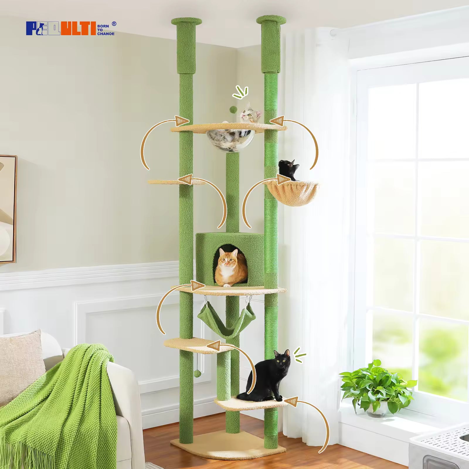Tall Multi-Level Cat Tree for Indoor Cats, Floor-to-Ceiling Cat Tower with Scratching Posts, Cozy Condo, Hammock, Playhouse & Cat Furniture and Toys