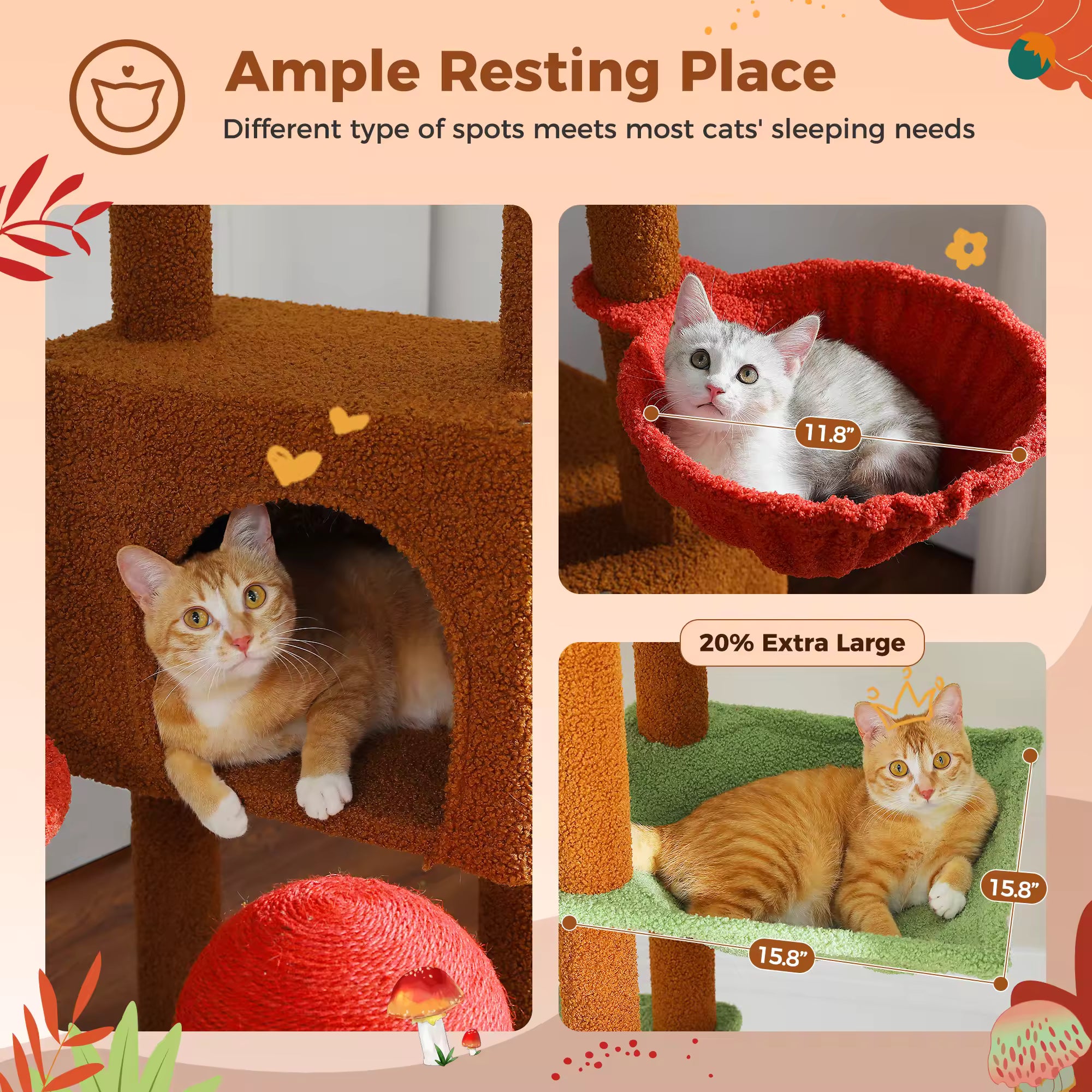 Adjustable 230-252cm Cat Tree, Floor to Ceiling Multi-Level Cat Tower Condo with Hanging Ball, 5 Sisal Scratching Posts, Plush Hammock & Resting Platforms for Cats