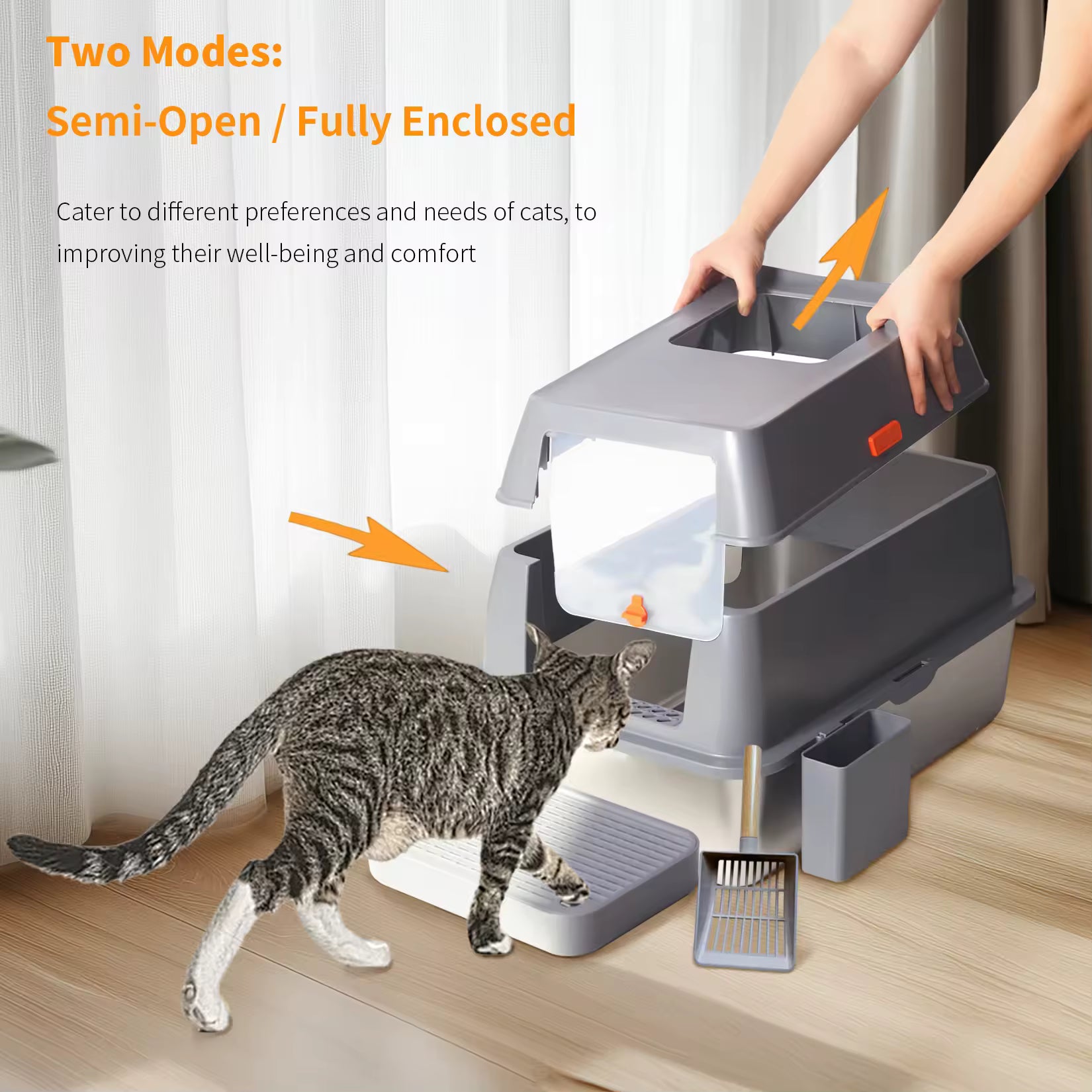 Stainless Steel Cat Litter Box for Extra Large Cats, Enclosed Semi-Open Design, Easy-to-Clean, for Indoor Cats