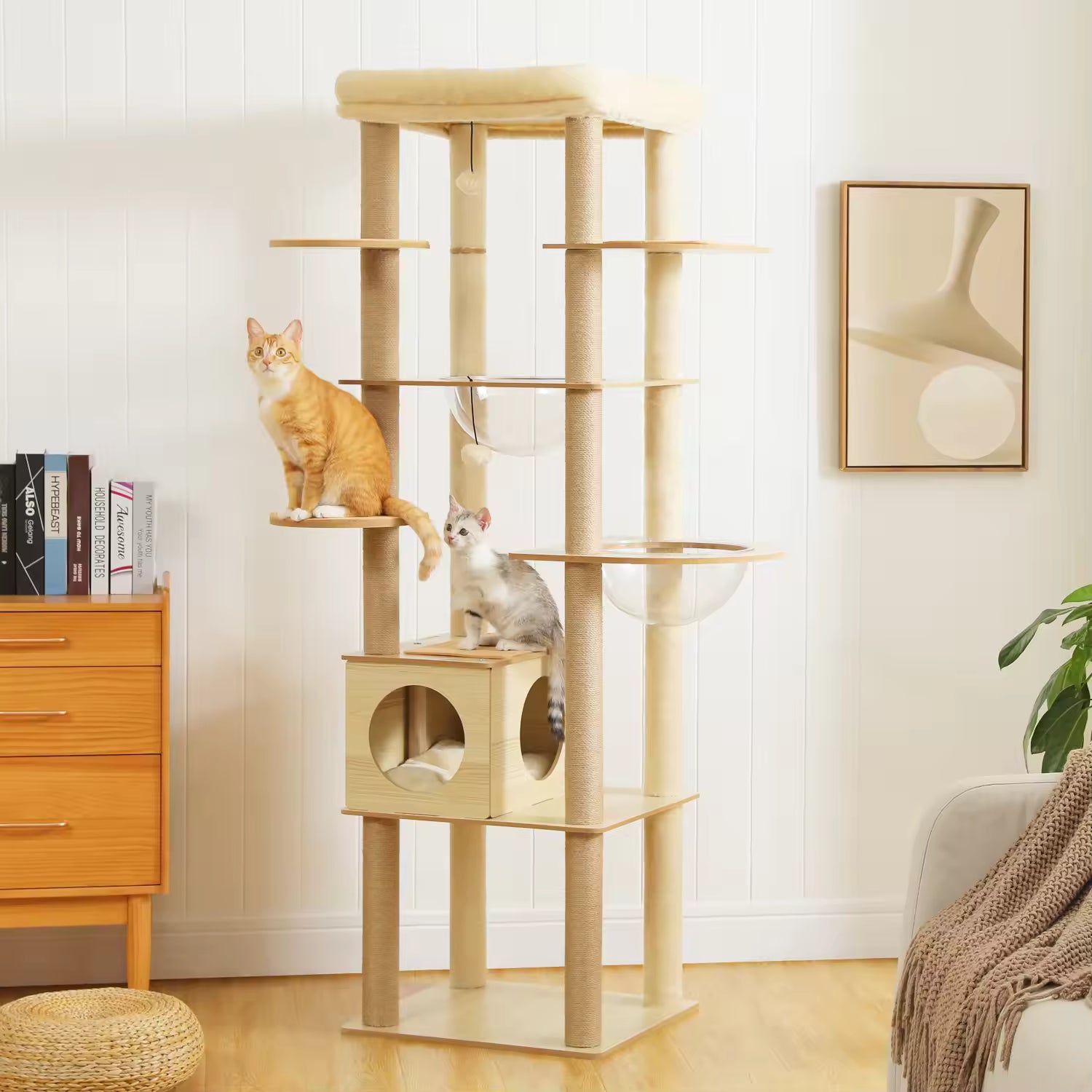 A multi-level wooden cat tree with a modern aesthetic