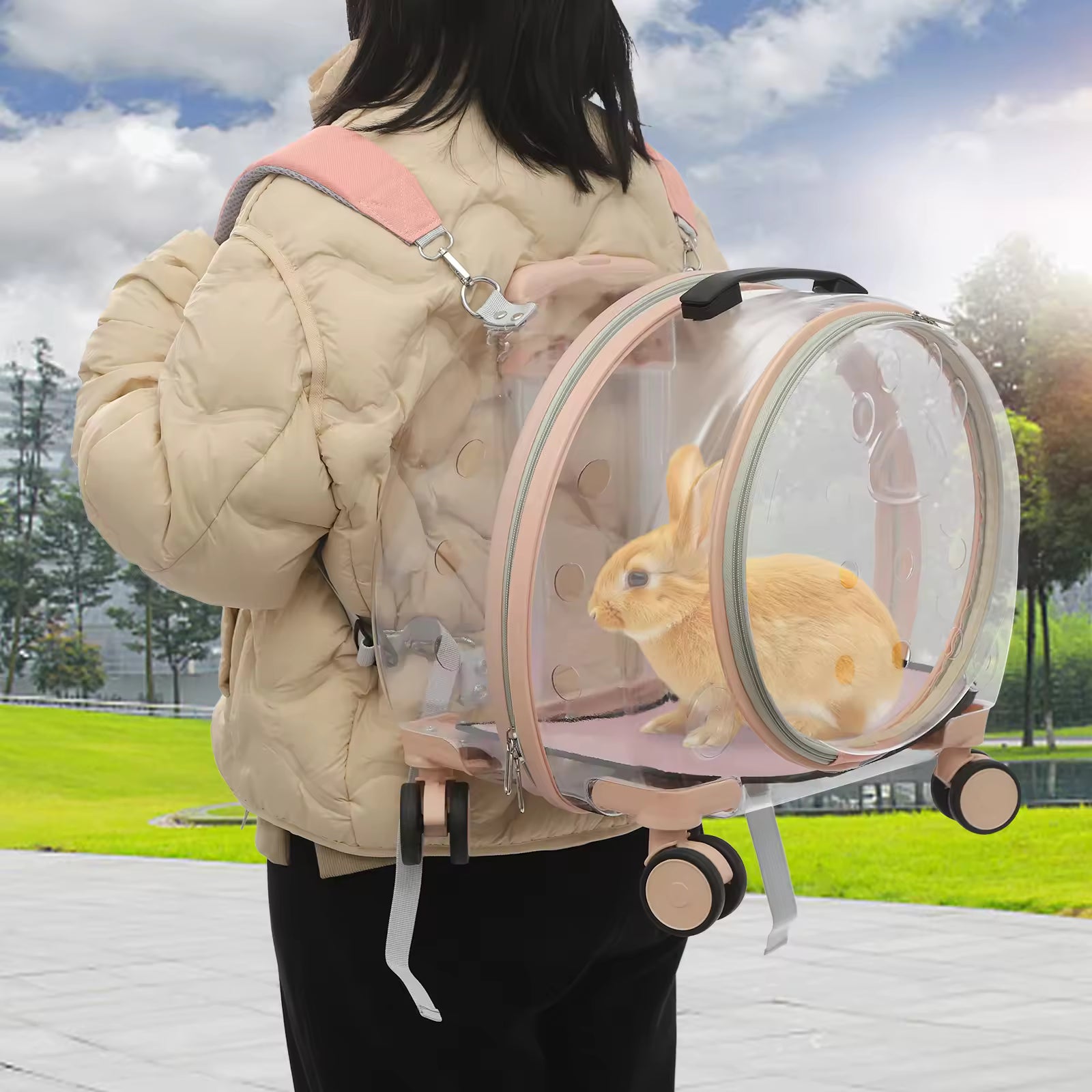 Adjustable Cat Carrier with Rolling Wheels, Waterproof, Breathable Travel Backpack & Rolling Pet Carrier for Cats