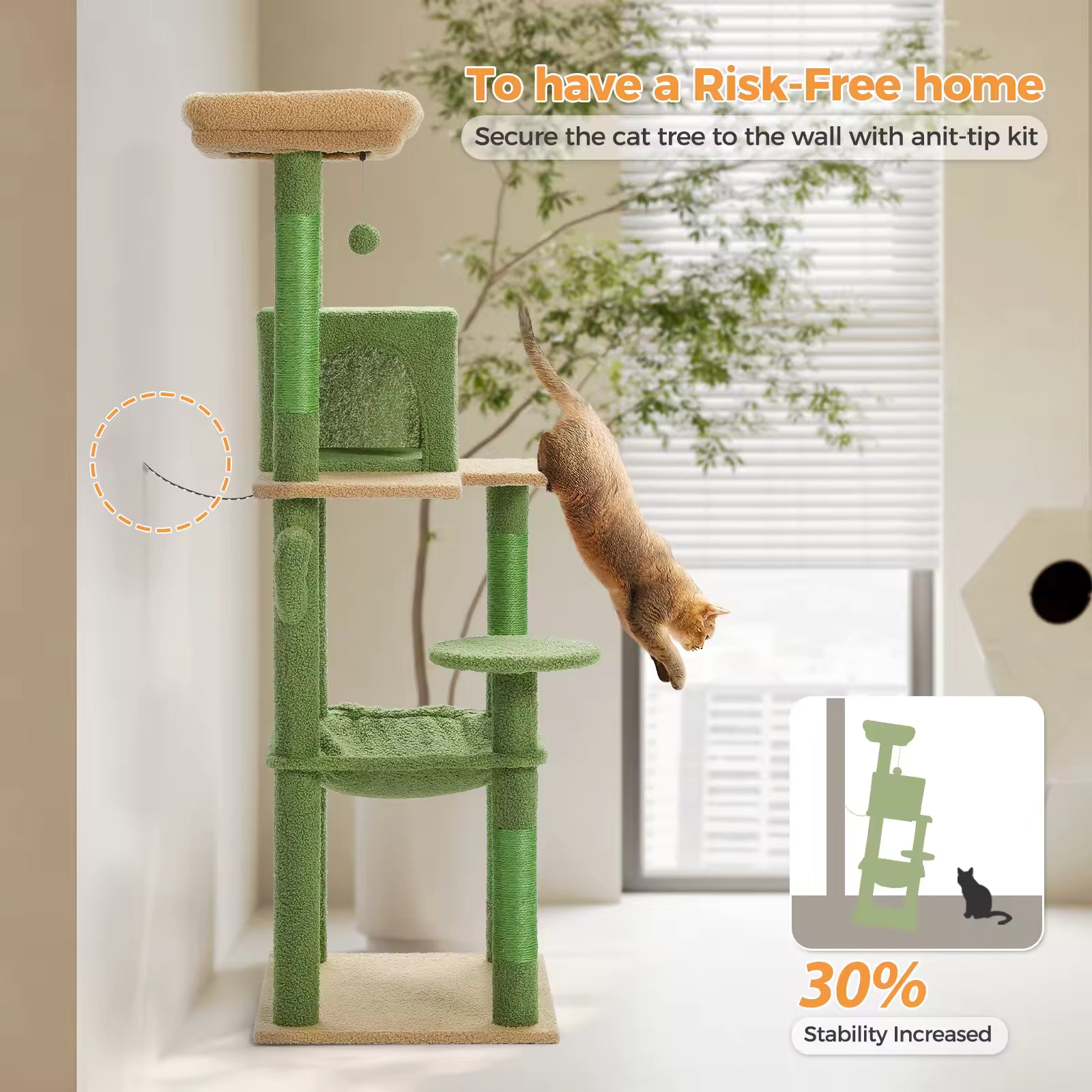 Tall Cactus Cat Tree for Indoor Large Cats, Cat Tower with Plush Hammock, 2-Door Condo, Top Perch & Multi-Level Play Areas