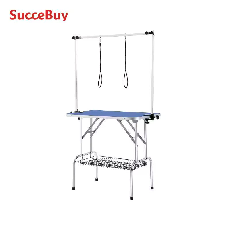 SucceBuy Foldable Pet Grooming Table, Two Arms with Clamp, Adjustable Dog Grooming Station with Loop for Small & Medium Dogs