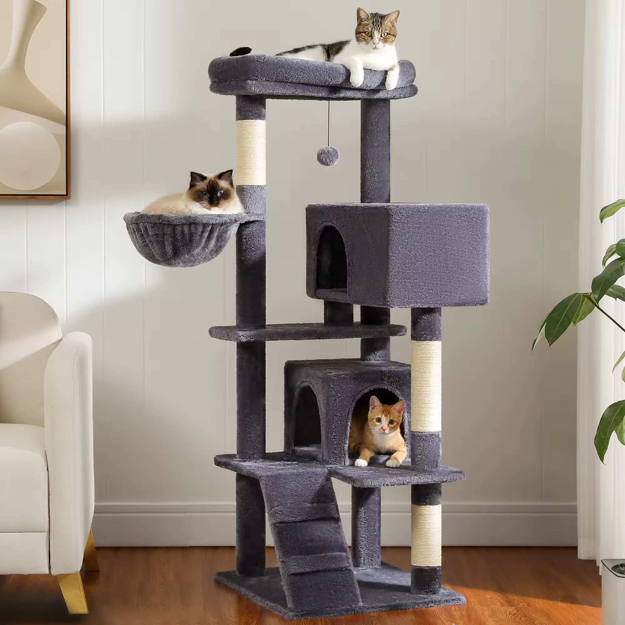 56.3" Cat Tree for Large Cats, Multi-Level Cat Tower with Super Large Perch, Plush Hammock, Hanging Pompom & Sisal-Covered Scratching Post