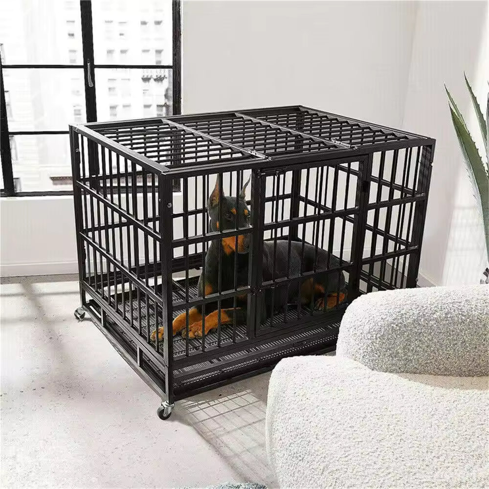 XXL Large Heavy Duty Dog Metal Crate, Strong Square Tube Kennel Cage with Tear-Resistant Design, Lockable Wheels, Slide-Out Tray