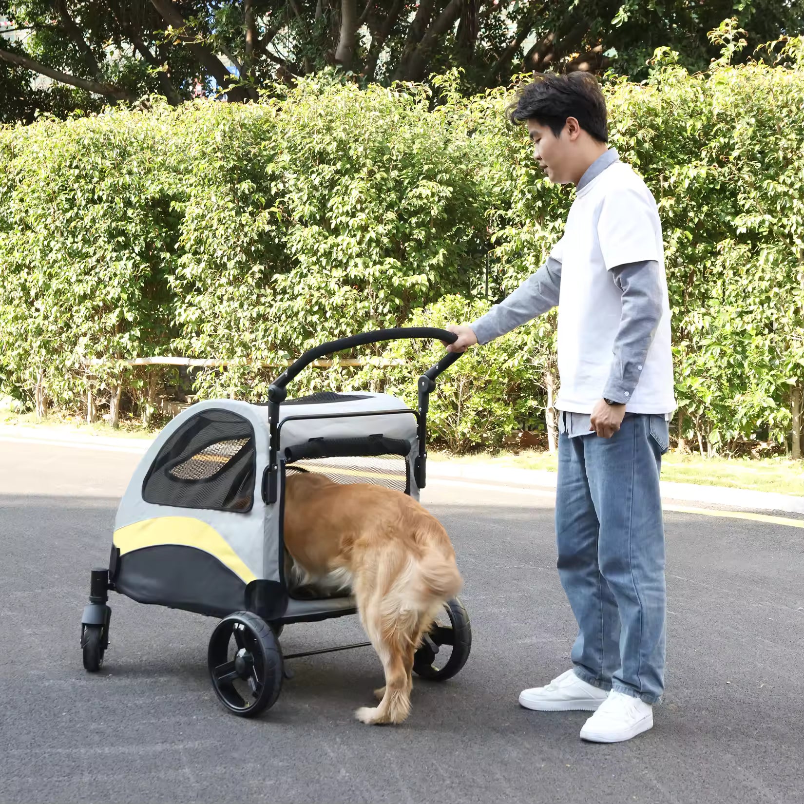 Portable 4-Wheel Dog Stroller for Large Dogs, Foldable Pet Travel Carriage with Breathable Mesh Carrier for Cats & Dogs Outdoor play & Travel