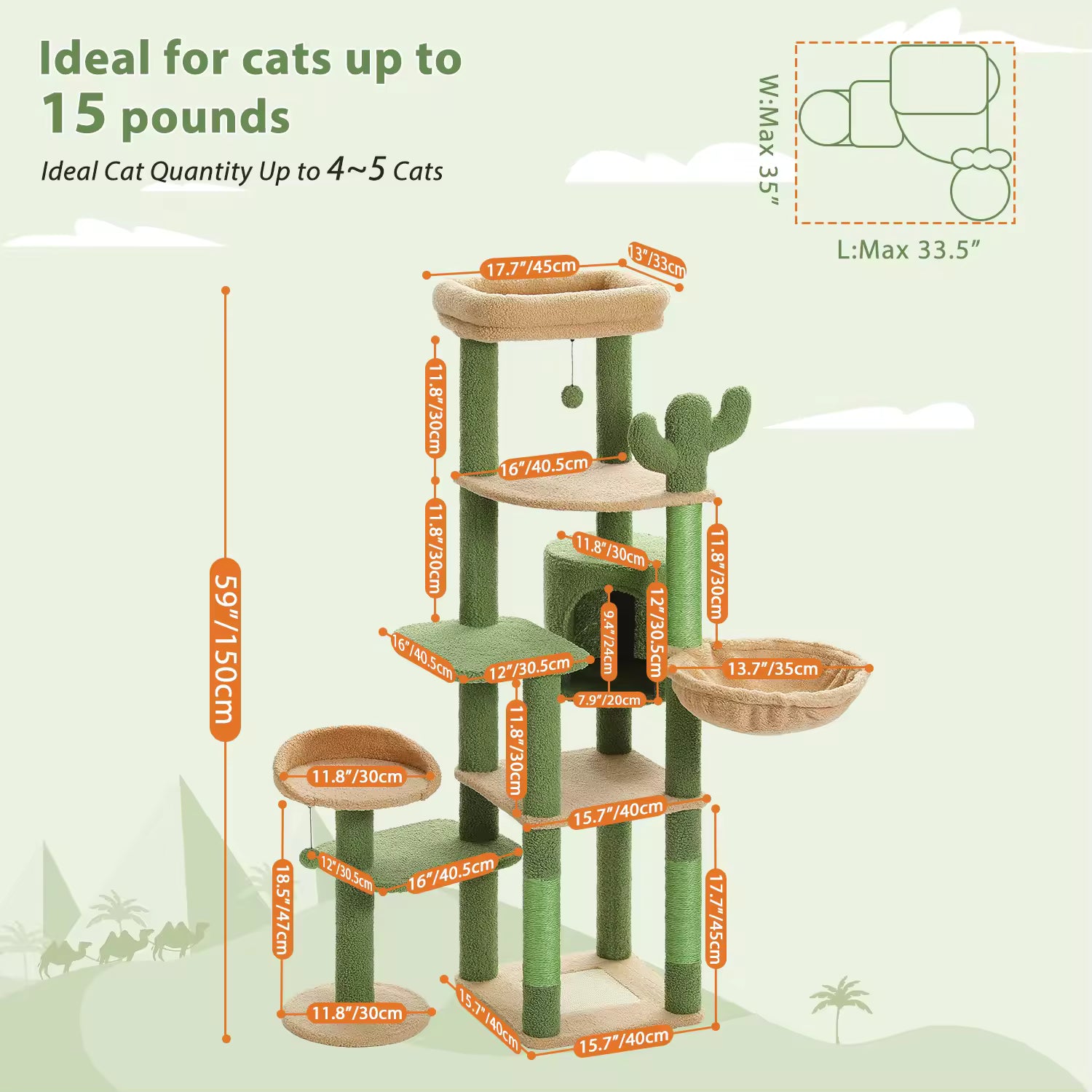 Tall Cactus Cat Tree for Indoor Cats, Multi-Level Cat Tower with Large Hammock, Scratching Post, Condo, 2 Perches for Kittens & Adult Cats