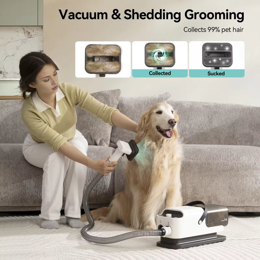 Amicura P1 Pet Grooming Vacuum & Hair Dryer 15KPa, Adjustable Speed & Temperature, 5 Care Tools & Dog Clipper