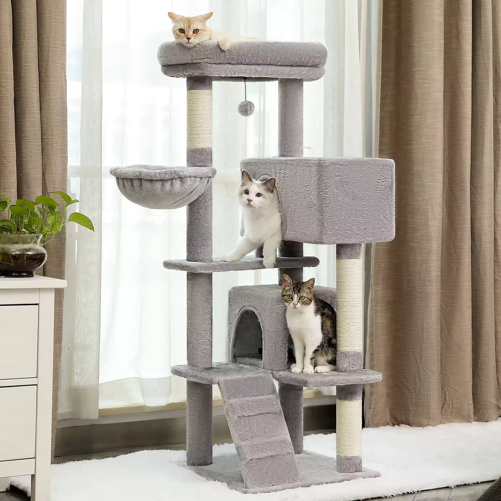 56.3" Cat Tree for Large Cats, Multi-Level Cat Tower with Super Large Perch, Plush Hammock, Hanging Pompom & Sisal-Covered Scratching Post