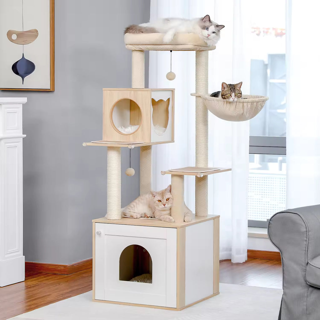 Multi-Level Indoor Cat Tree Wooden Tower with Scratching Posts, Spacious Condo, Hammock, Top Perch, Cat Scratcher & Interactive Toys for Cats