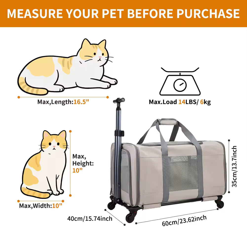Travel Cat Trolley for 2 Cats, Rolling Pet Carrier Box with Safety Belts & Wheels, Transport Bag for Multi-Pet Travel