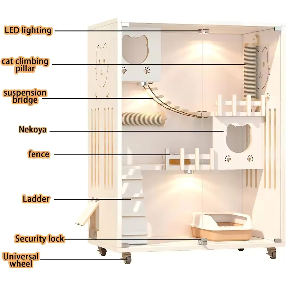 Large Luxury Wood Cat House, Indoor/Outdoor Multi-Feature Cat Condo with Wheels, Enclosed Cat Cage for Cats & Kittens