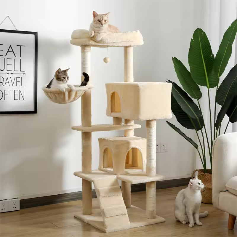 56.3" Cat Tree for Large Cats, Multi-Level Cat Tower with Super Large Perch, Plush Hammock, Hanging Pompom & Sisal-Covered Scratching Post
