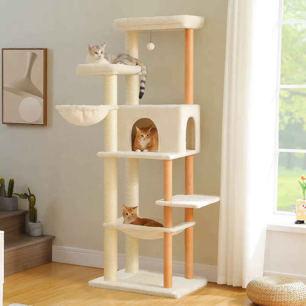 Tall Multi-Level Cat Tree for Indoor Cats, Wooden Cat Tower with Sisal Scratching Posts, Cozy Hammocks, Large Cat Condo & Interactive Cat Toys