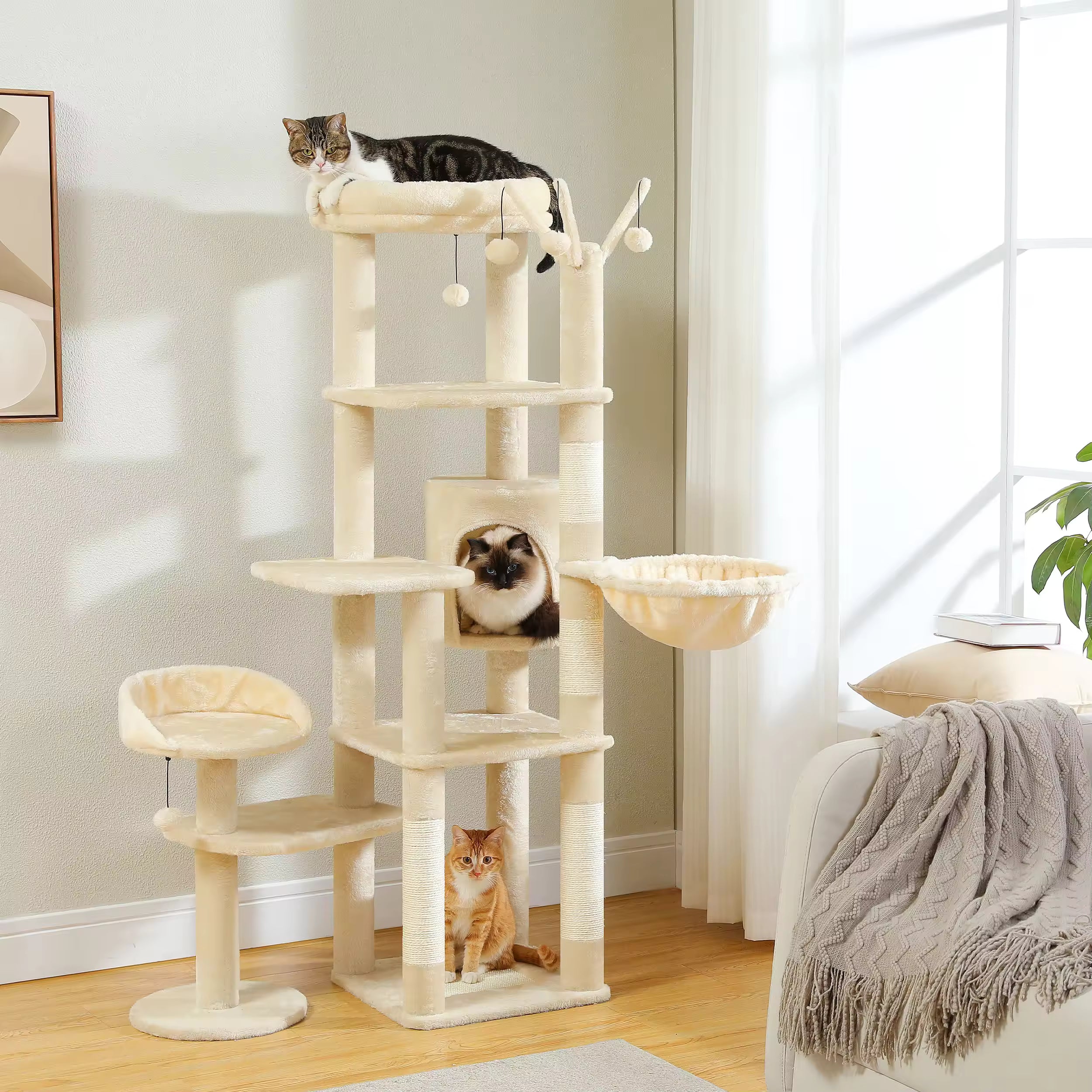 Tall Cactus Cat Tree for Indoor Cats, Multi-Level Cat Tower with Large Hammock, Scratching Post, Condo, 2 Perches for Kittens & Adult Cats
