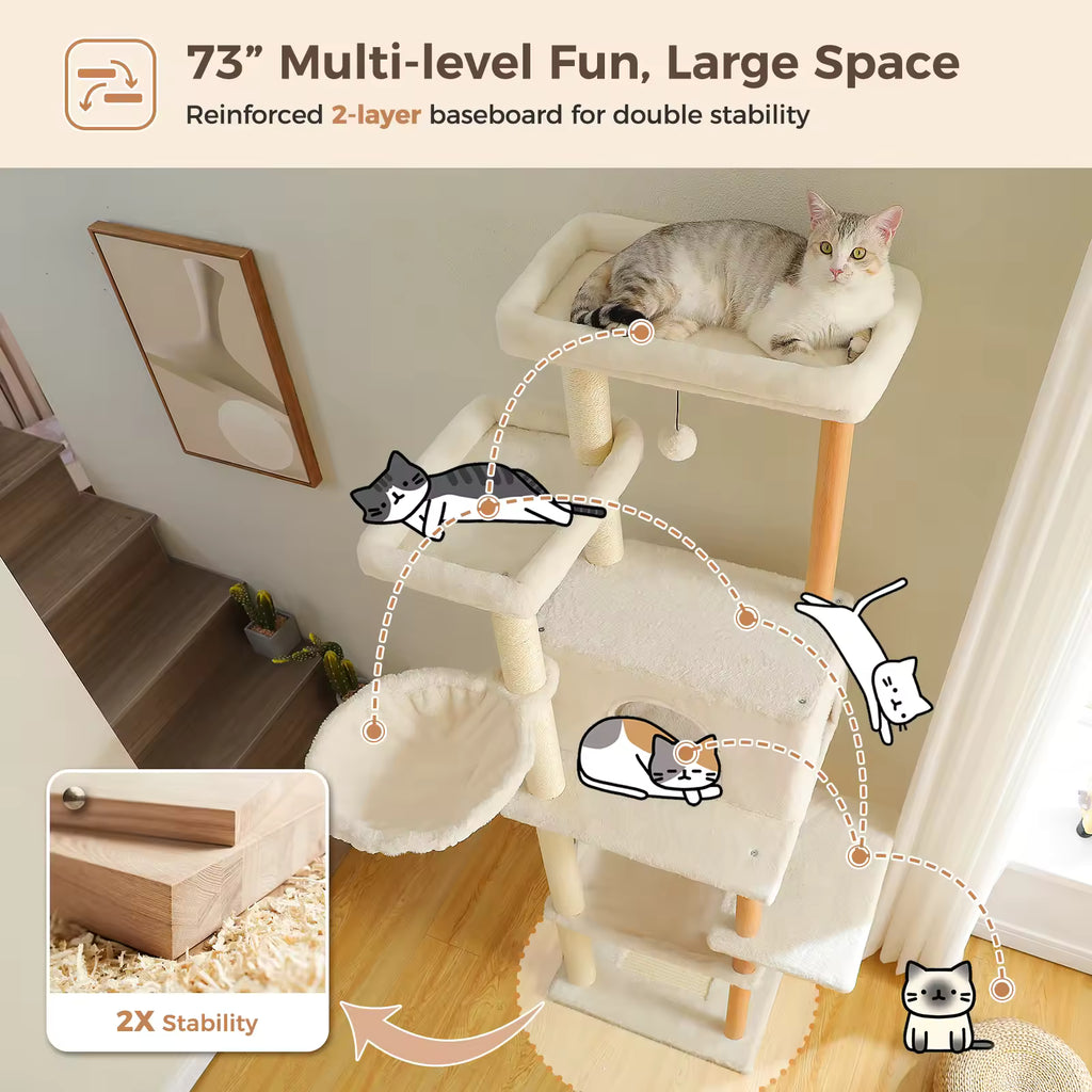 Tall Multi-Level Cat Tree for Indoor Cats, Wooden Cat Tower with Sisal Scratching Posts, Cozy Hammocks, Large Cat Condo & Interactive Cat Toys