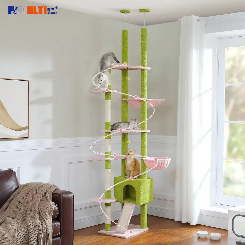 Adjustable 230-252cm Cat Tree, Floor to Ceiling Multi-Level Cat Tower Condo with Hanging Ball, 5 Sisal Scratching Posts, Plush Hammock & Resting Platforms for Cats
