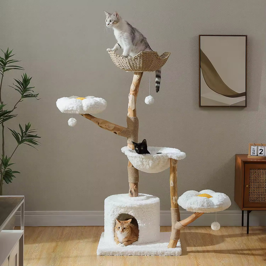 Modern Indoor Large Cat Tree Tower, Cat Condo with Sisal Scratching Post, Wicker Basket Bed, Flower Design For Kittens & Adult Cat