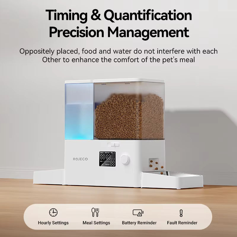 ROJECO 2-in-1 Auto Cat Feeder & Water Fountain, 8.5L Gravity Food & Water Dispenser with Button Version for Cats & Small Dogs