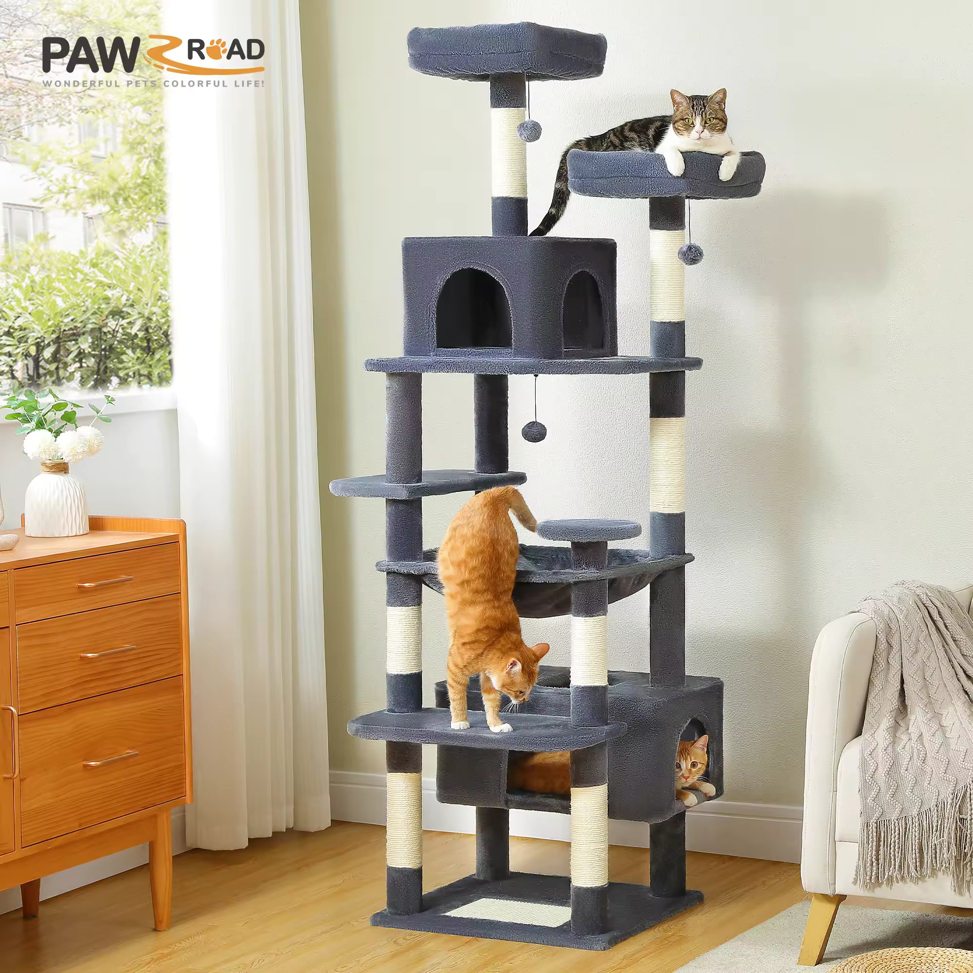 Large Multiple Levels Cat Tree for Indoor Cats with Sisal-Covered Scratching Posts, Plush Hammock, Soft Padded Perches, Condo Houses for Kittens & Adult Cats