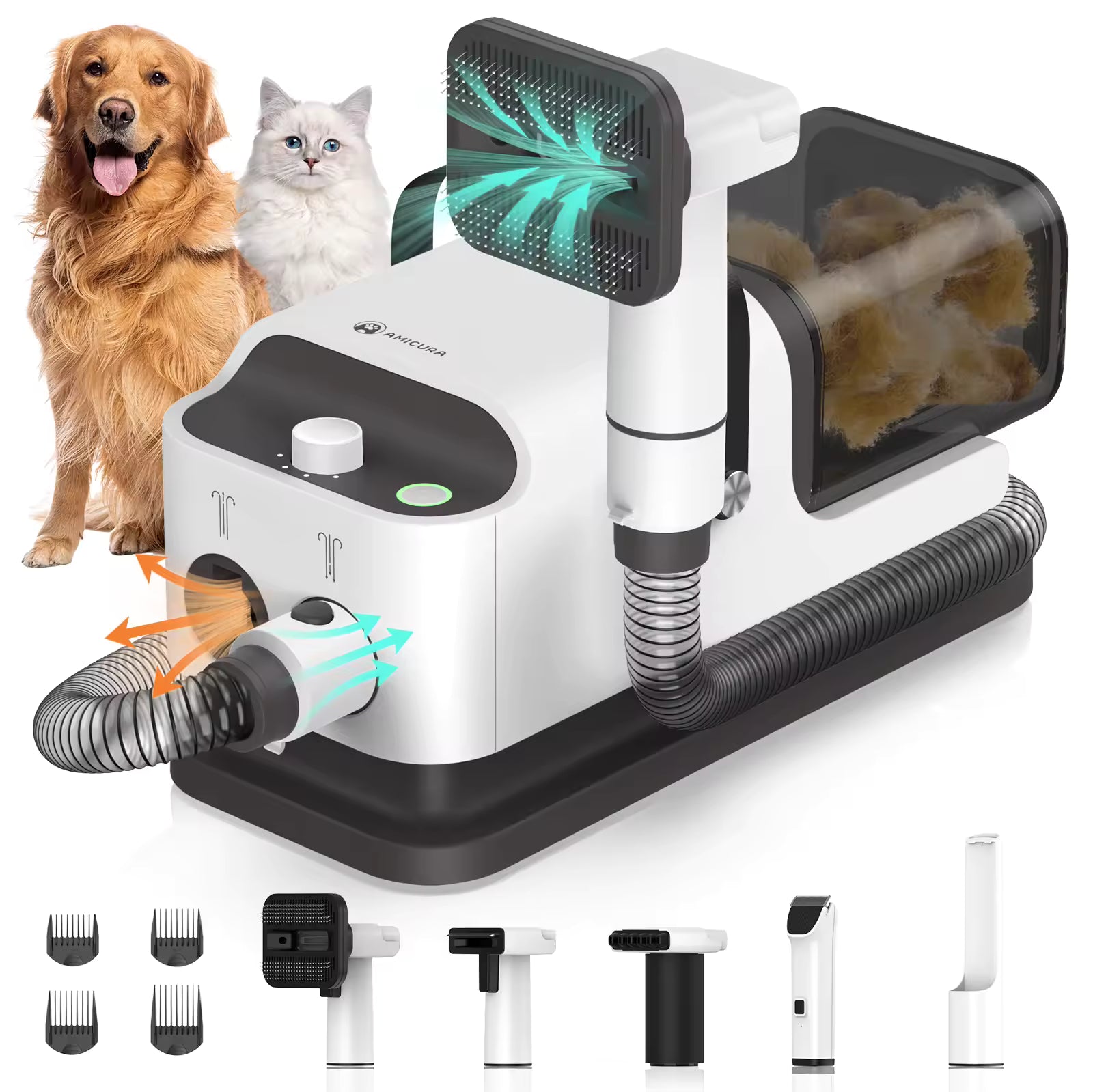 Amicura P1 Pet Grooming Set – 15kpa Vacuum Cleaner & Hair Dryer, Temperature & 5 Dog Clipper Tools with Adjustable Speed