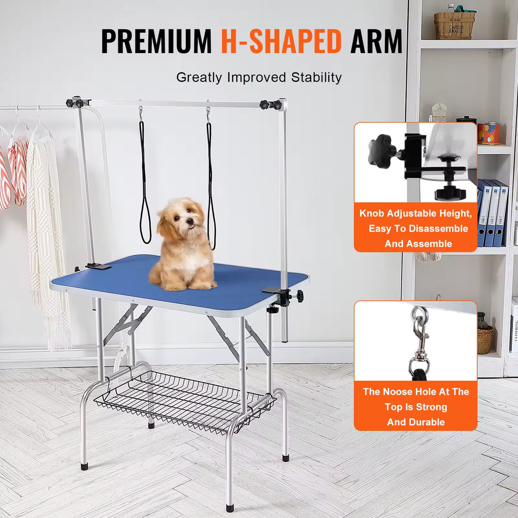 SucceBuy Foldable Pet Grooming Table, Two Arms with Clamp, Adjustable Dog Grooming Station with Loop for Small & Medium Dogs