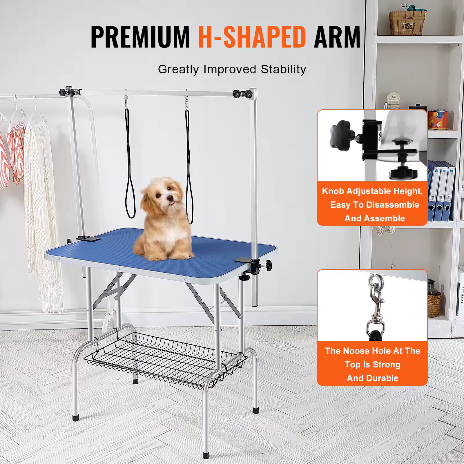 SucceBuy Foldable Pet Grooming Table, Two Arms with Clamp, Adjustable Dog Grooming Station with Loop for Small & Medium Dogs