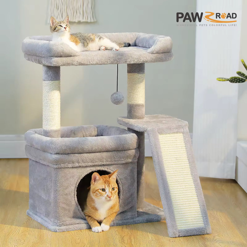Indoor Small Cat Tree Tower, Plush Cat House, Wide Top Perch Cat Condo with Sisal Scratching Post, Scratchers Cat Toys