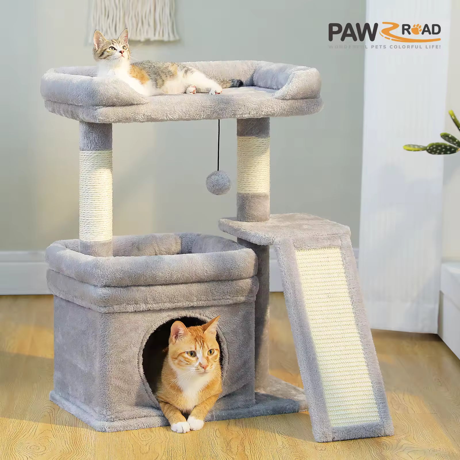 Indoor Small Cat Tree Tower, Plush Cat House, Wide Top Perch Cat Condo with Sisal Scratching Post, Scratchers Cat Toys