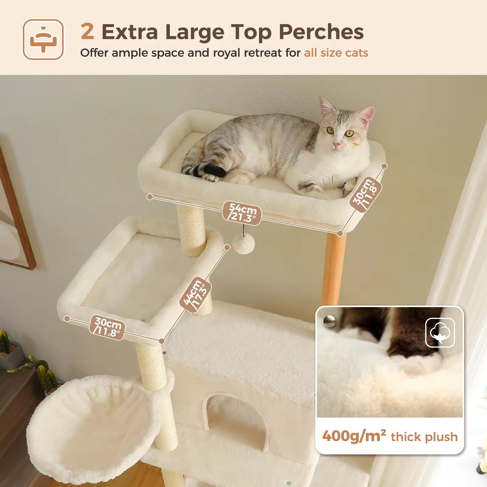Tall Multi-Level Cat Tree for Indoor Cats, Wooden Cat Tower with Sisal Scratching Posts, Cozy Hammocks, Large Cat Condo & Interactive Cat Toys