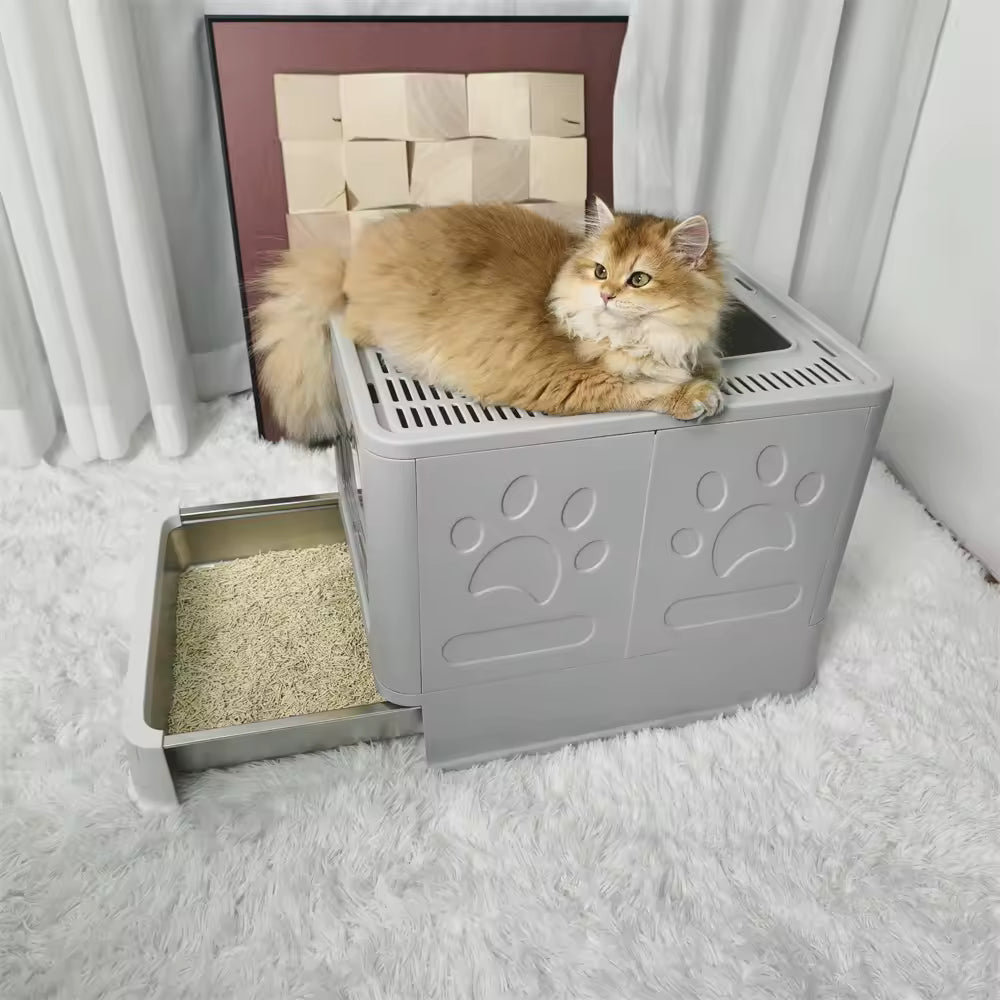 Enclosed Stainless Steel Cat Litter Box with Lid & Scoop, Large Covered Top-Entry Litter Pan with High Sides for Easy Cleaning