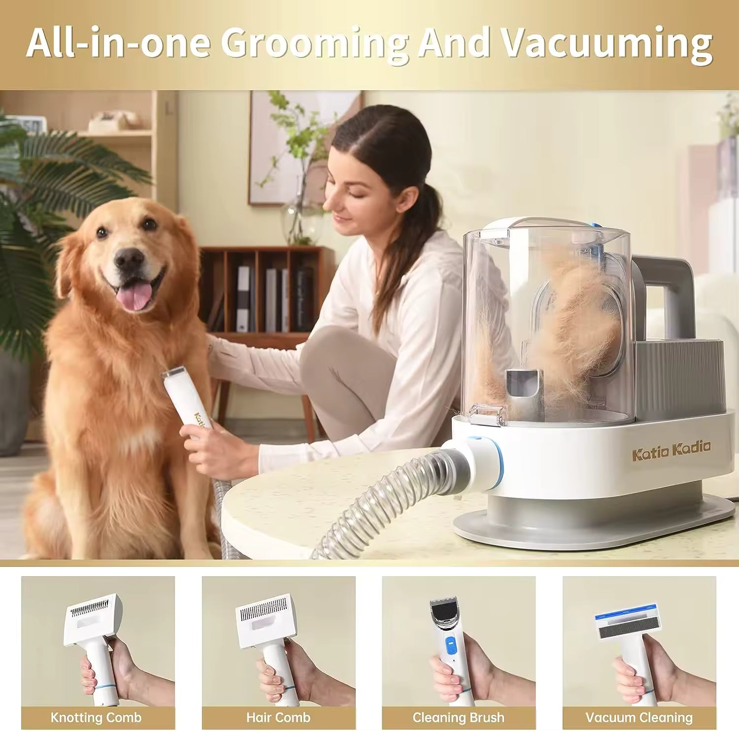 5-in-1 Pet Grooming Kit – Low Noise Dog Hair Remover & Vacuum, 2 Suction Modes, Perfect for Shedding Dogs and Hair Cleaning