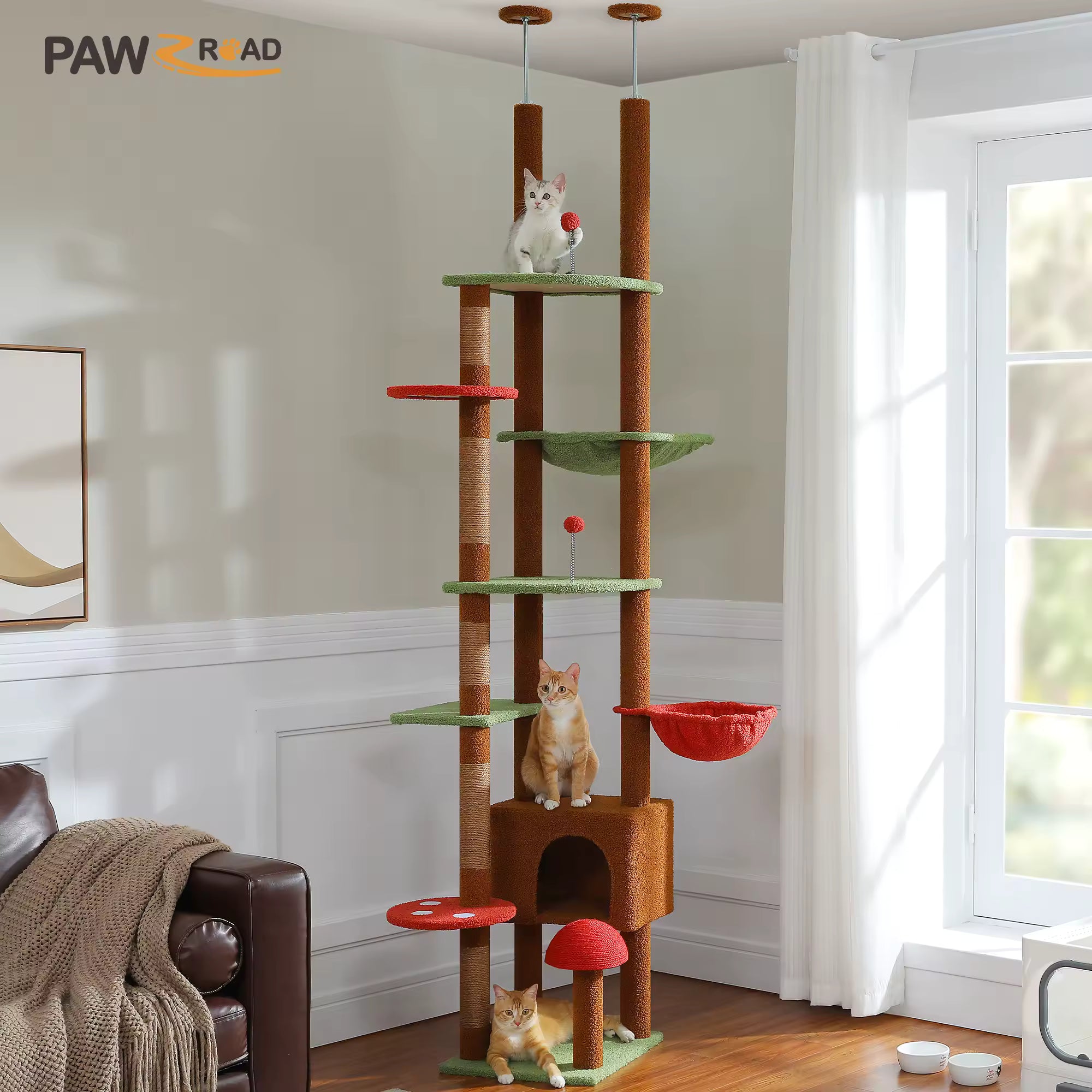 Adjustable 230-252cm Cat Tree, Floor to Ceiling Multi-Level Cat Tower Condo with Hanging Ball, 5 Sisal Scratching Posts, Plush Hammock & Resting Platforms for Cats