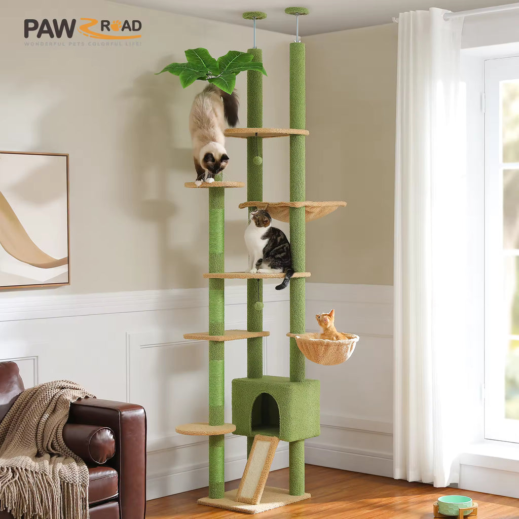 Adjustable 230-252cm Cat Tree, Floor to Ceiling Multi-Level Cat Tower Condo with Hanging Ball, 5 Sisal Scratching Posts, Plush Hammock & Resting Platforms for Cats