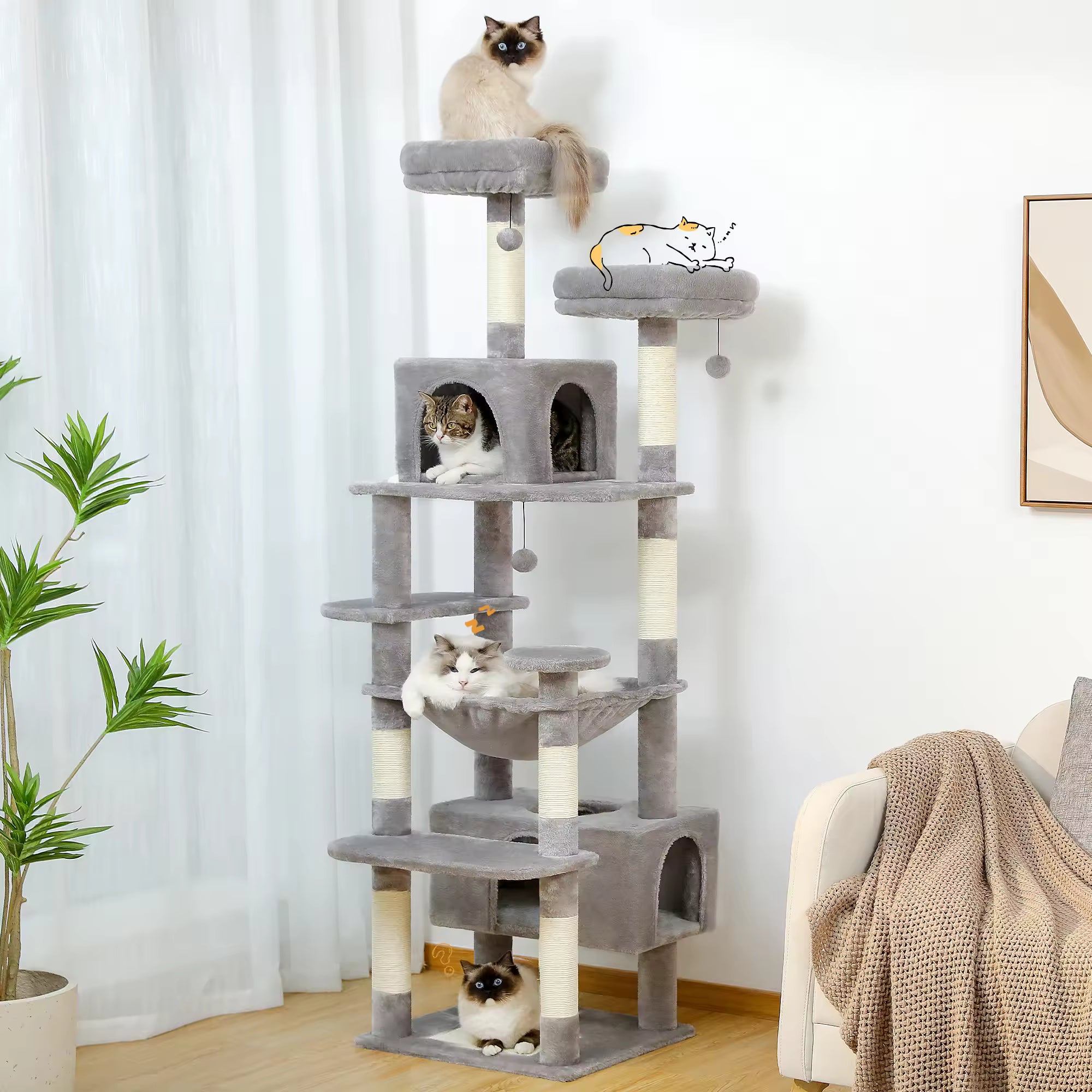 Large Multiple Levels Cat Tree for Indoor Cats with Sisal-Covered Scratching Posts, Plush Hammock, Soft Padded Perches, Condo Houses for Kittens & Adult Cats