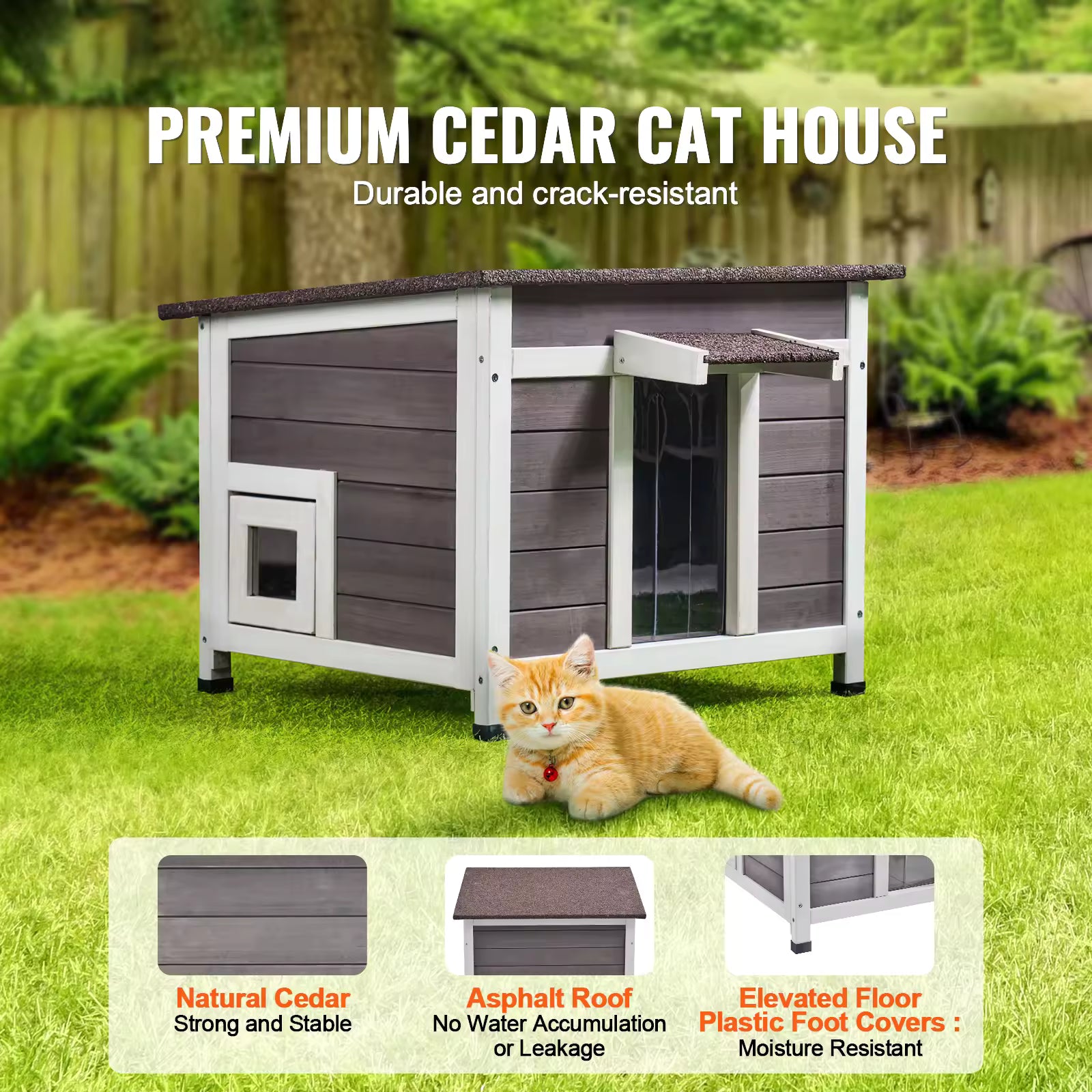 SucceBuy Weatherproof Outdoor Cat House, Wooden Shelter with Foam Insulation for Cats, Rabbits, and Feral Pets