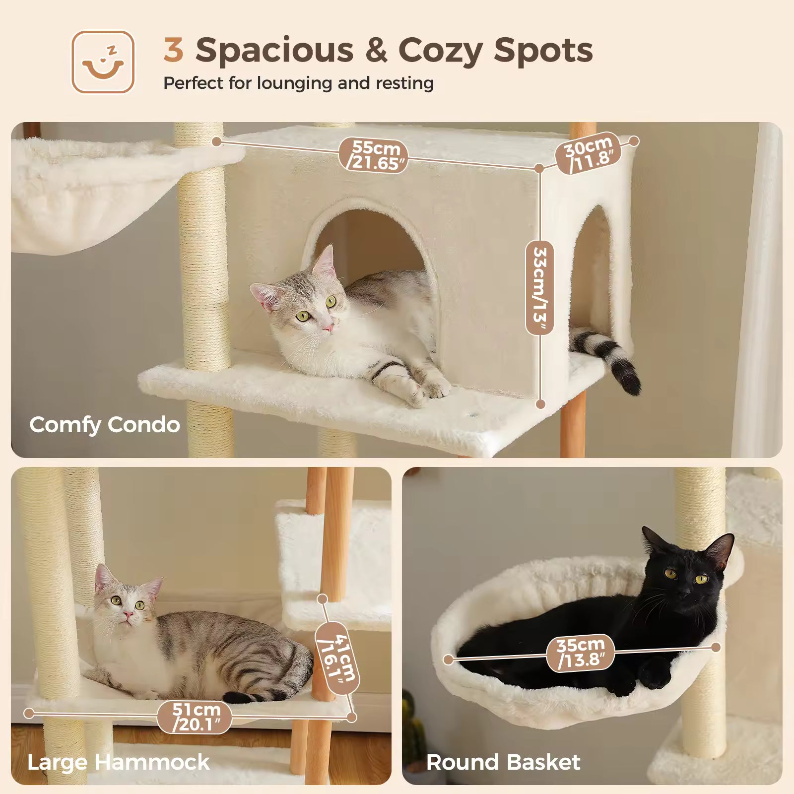 Tall Multi-Level Cat Tree for Indoor Cats, Wooden Cat Tower with Sisal Scratching Posts, Cozy Hammocks, Large Cat Condo & Interactive Cat Toys