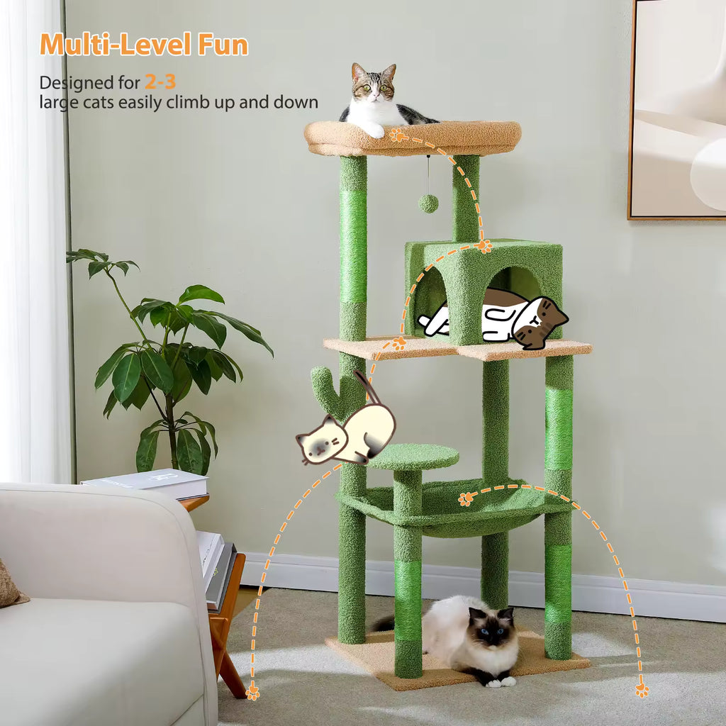 Tall Cactus Cat Tree for Indoor Large Cats, Cat Tower with Plush Hammock, 2-Door Condo, Top Perch & Multi-Level Play Areas