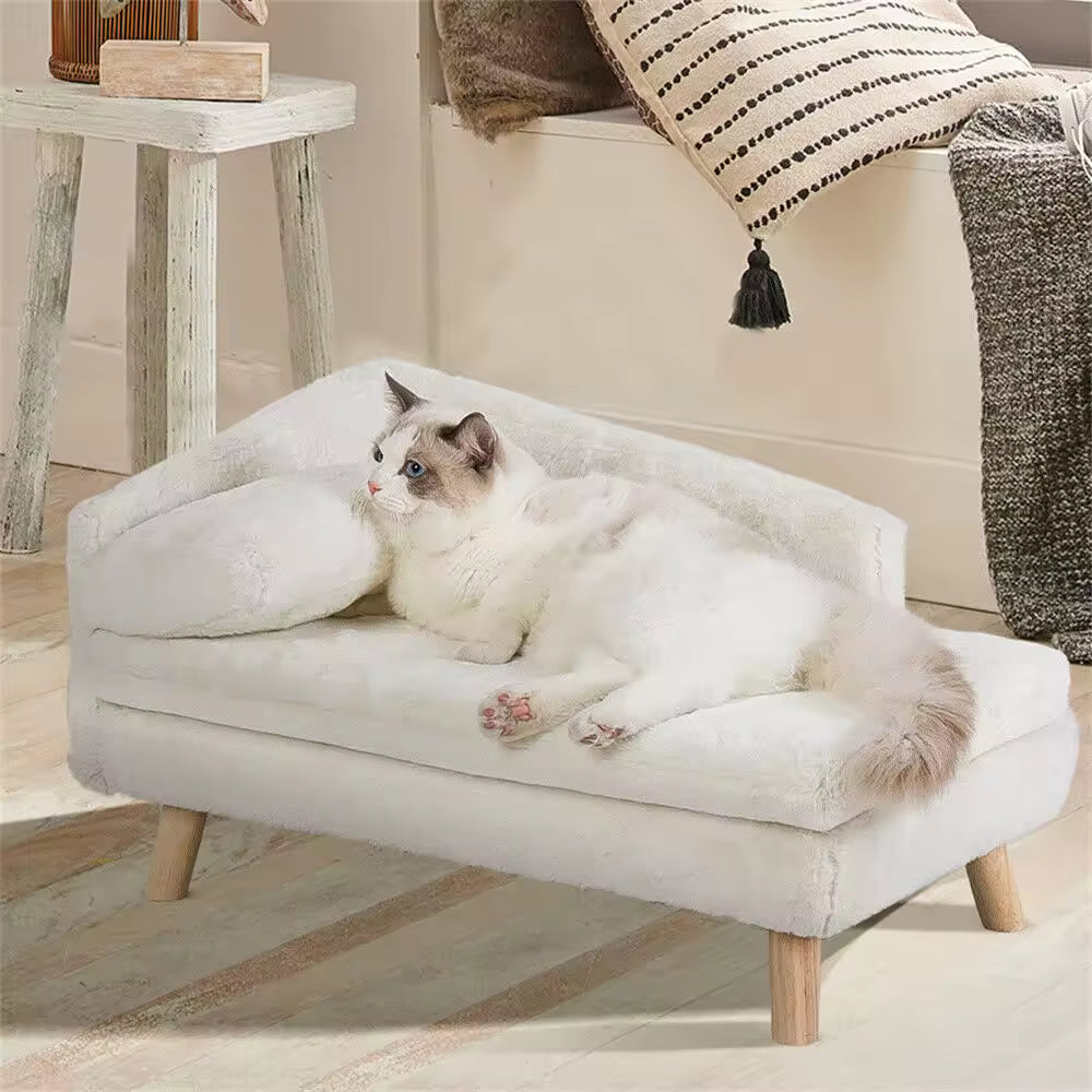 Luxury Elevated Dog Sofa Bed Plush Cushion Pet Lounger with Backrest, Wooden Legs, Comfortable Chair for Small & Medium Dogs and Cats