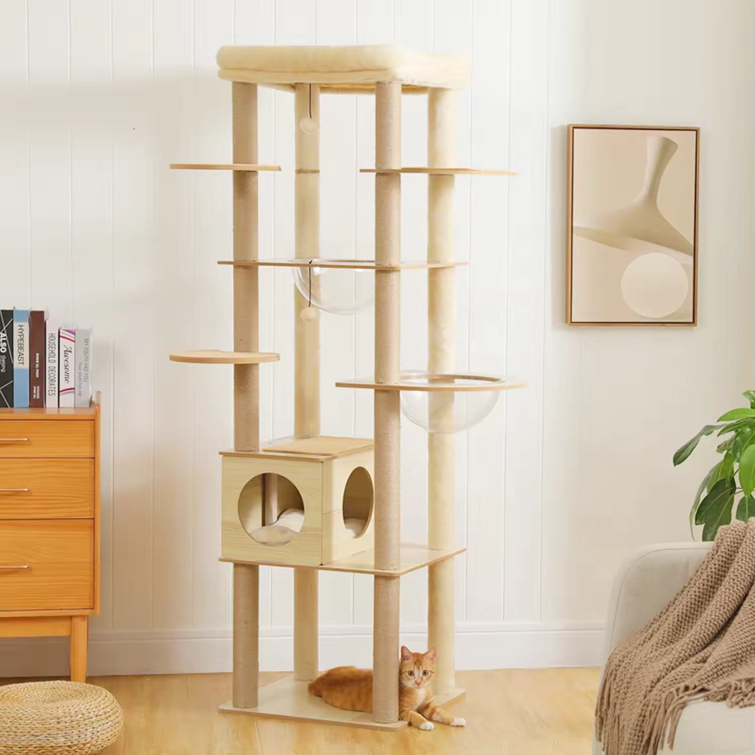 Multi-Level Indoor Cat Tree Wooden Tower with Scratching Posts, Spacious Condo, Hammock, Top Perch, Cat Scratcher & Interactive Toys for Cats