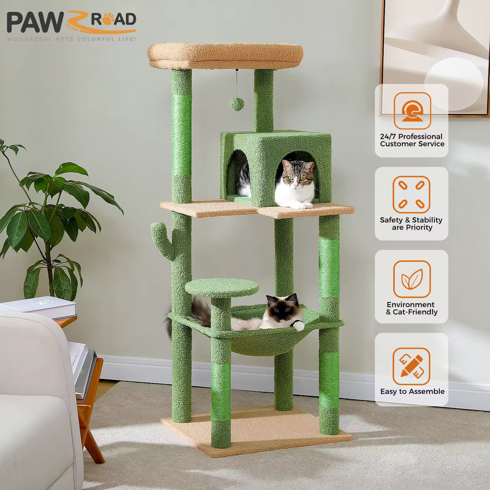 Tall Cactus Cat Tree for Indoor Large Cats, Cat Tower with Plush Hammock, 2-Door Condo, Top Perch & Multi-Level Play Areas