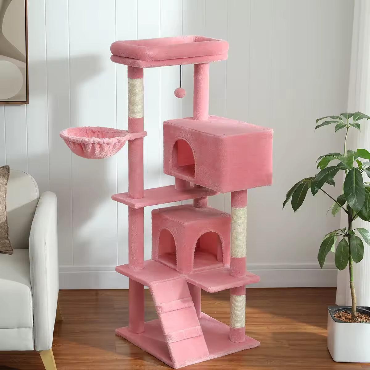 56.3" Cat Tree for Large Cats, Multi-Level Cat Tower with Super Large Perch, Plush Hammock, Hanging Pompom & Sisal-Covered Scratching Post