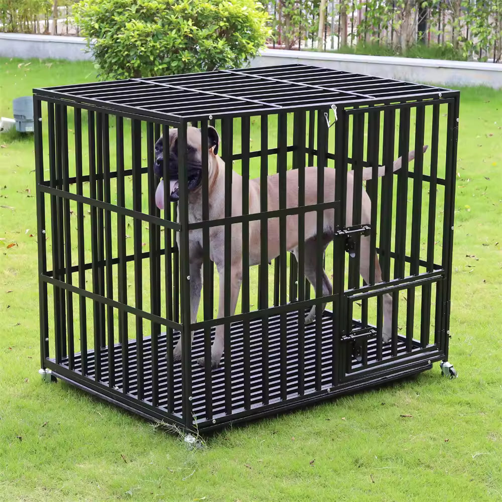XXL Large Heavy Duty Dog Metal Crate, Strong Square Tube Kennel Cage with Tear-Resistant Design, Lockable Wheels, Slide-Out Tray